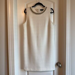 Adrienne Vittadini White Sheath Dress with Embellished Neckline